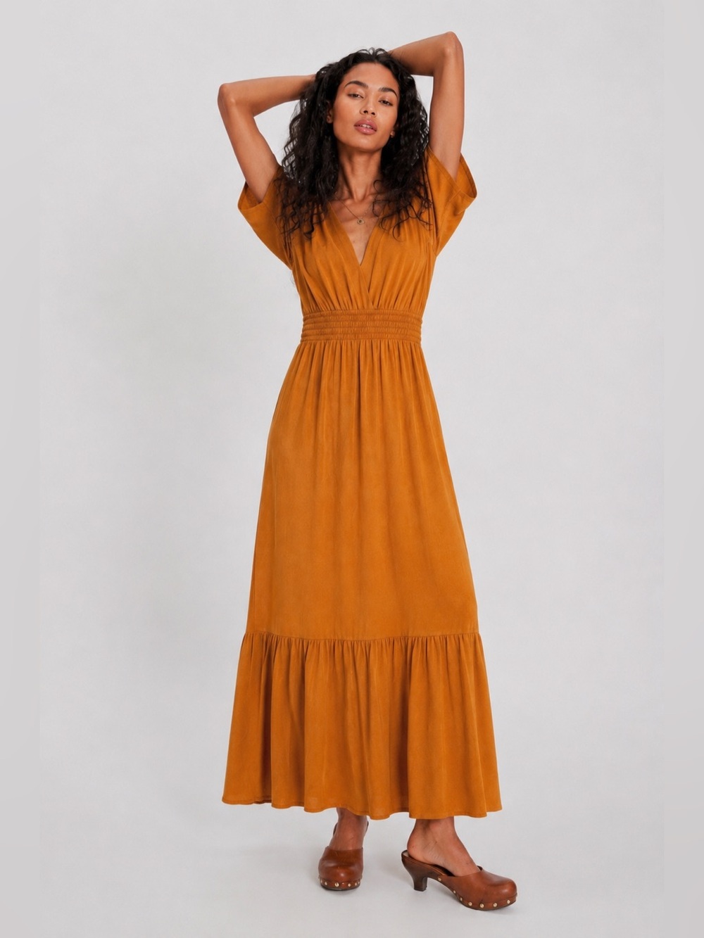 Knox Rose Mustard Rust Maxi Dress Medium Boho Tiered Rayon Pockets Cottagecore